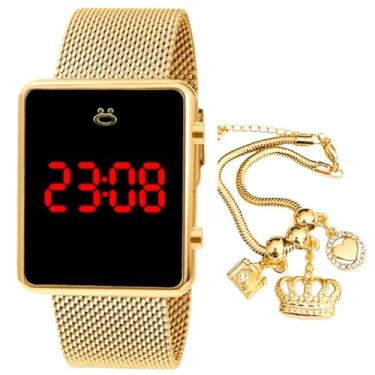 Imagem de Presente pra Ela: Relogio digital feminino dourado quadrado casual + pulseira berloques folheado 18k + caixa original mulher mãe avó