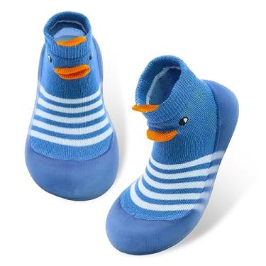Imagem de Dexspoeny 1 par de sapatos de bebê, meias de bebê, sapatos para meninos/meninas, sapatos antiderrapantes com sola de borracha macia Toddle tênis amarelo, rosa, cinza, Azul, 6-12 Months Narrow Infant
