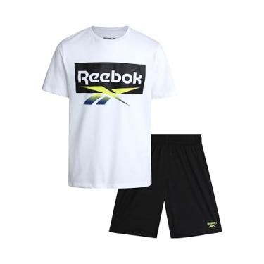 Imagem de Reebok Conjunto de shorts para meninos – Camiseta de desempenho de 2 peças e shorts de ginástica de basquete (8-12), Branco/cinza, 8