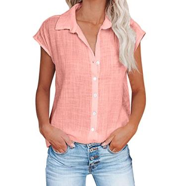Imagem de Camiseta feminina de verão de linho, manga cavada, blusa de cor sólida, caimento solto, gola V, abotoada, túnica, rosa, 3G