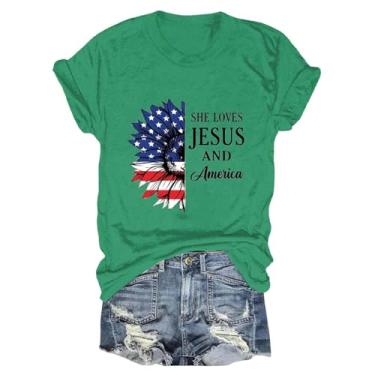 Imagem de Camiseta feminina do Dia da Independência com estampa floral da bandeira dos EUA 4 de julho, camisetas patrióticas, festivais, festas, Verde, XXG