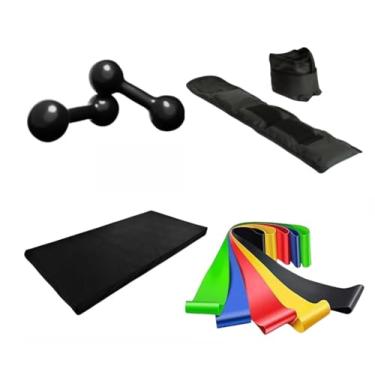 Imagem de Par Halter 2 Kg + Par Caneleira 2 Kg + Colchonete Preto + 5 Elásticos Diferentes Tensões