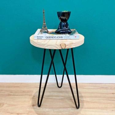 Imagem de Mesa Lateral Circular de Ferro e Madeira Industrial HairPin Natural e 