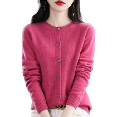 Imagem de Suéteres cardigã primavera e outono vazados de lã cardigã feminino com gola redonda suéter de caxemira tricotado sem costura camisa de fundo torre externa, framboesa, XXL