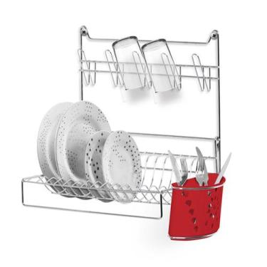 Imagem de Escorredor de Pratos Dobrável para Parede Porta Copo E Talhe Vermelho 