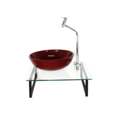 Imagem de Kit cuba de vidro redonda 10mm vermelho cereja tampo 40cm incolor com 