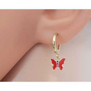 Imagem de Brinco Argolinha Infantil Borboleta Vermelha Folheado Ouro 18k Antialé