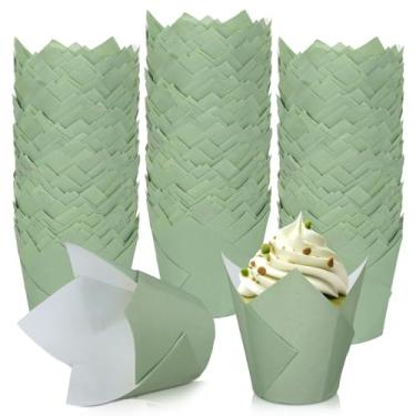 Imagem de Whaline 200 peças de forros de tulipa verde sálvia para cupcake, forros verdes, forros para bolos de tulipa e cupcake, copo de cozimento para chá de bebê, casamento, festa de aniversário, decoração