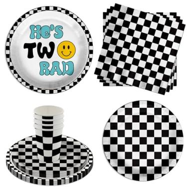 Imagem de Conjunto de utensílios de mesa com dois rostos sorridentes para festa de aniversário de 24 peças inclui prato de jantar grande de 23 cm e pequenos pratos de sobremesa, copos e guardanapos, kit para 16