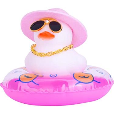 Imagem de MuMyer Ornamentos de carro de pato branco decorações de painel de carro de pato de borracha com corrente de ouro mini chapéu óculos e anel de natação