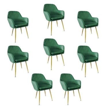 Imagem de Kit 8 Cadeiras Poltrona Lines com pés dourados Suede - Loft7, Verde Es