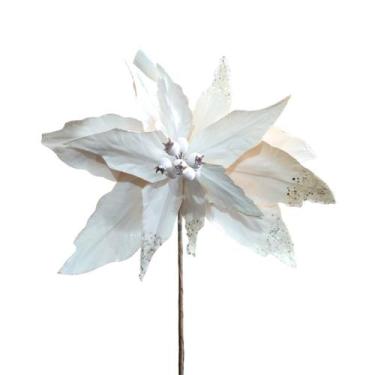 Imagem de Flor Decorativa Poinsetia Branca Glitter Tecido - 1 Unidade - Cromus