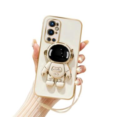 Imagem de Tesazxcn Capa de telefone OnePlus 9 Pro, capa de telefone 1+9 Pro com suporte oculto astronauta 6D para OnePlus 9 Pro com alça de cordão, capa de silicone macio à prova de choque - branca