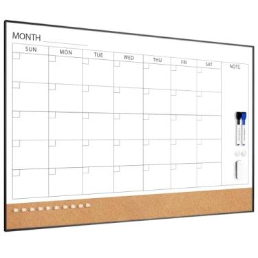 Imagem de ARCOBIS Calendário apagável a seco com quadro de cortiça para parede, quadro branco de calendário magnético de 91 cm x 61 cm com moldura preta, quadro combinado mensal para escola, casa, escritório