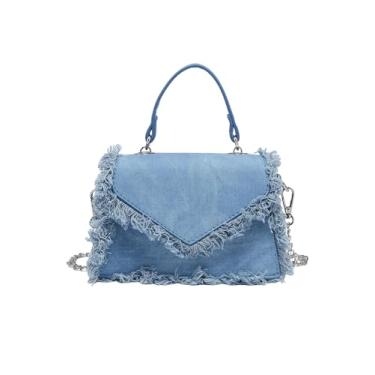 Imagem de SweatyRocks Bolsas femininas pequenas transversais jeans com franjas quadradas bolsas, Azul, One Size