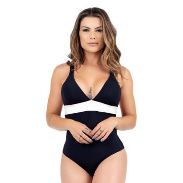 Imagem de Maiô Decotado Com Bojo Calcinha Asa Delta Faixa Colorida - HYPE MODAS 