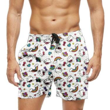 Imagem de Short Praia Shorts Banho Bermuda Verão Arco-Íris Cartoon Gata Colorido