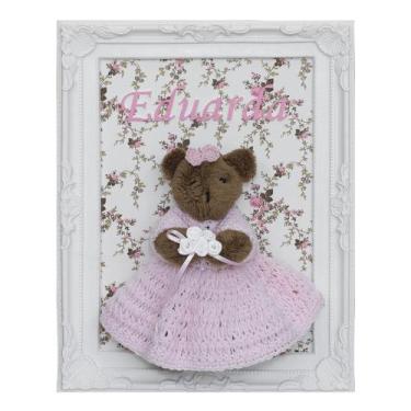 Imagem de Porta Maternidade Quadro Ursa Marrom Vestido de Crochê e Buquê de Flor