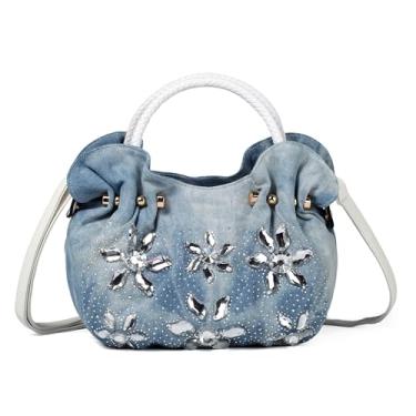 Imagem de iPinee Bolsas femininas de luxo com strass cintilante, bolsas jeans de cristal cintilante, bolsa transversal, Jeans azul claro, Small