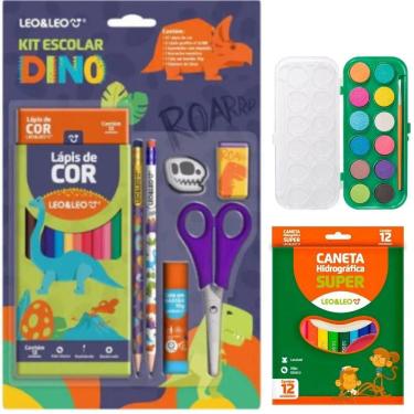 Imagem de Kit Escolar Volta As Aulas Completo Com Lápis Apontador Tesoura Caneta Hidrográfica E Aquarela Dinossauro