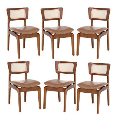 Imagem de Kit 6 Cadeiras de Jantar Portugal em Madeira Imbuia Tela Rattan Impermeável Caramelo L85