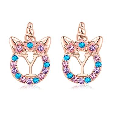 Imagem de TRWWELL Brincos de unicórnios, presentes para meninas, brincos de zircônia cúbica com inicial de unicórnio em ouro rosa para crianças, crianças, strass, letra inicial, unicórnio, brincos, joias para