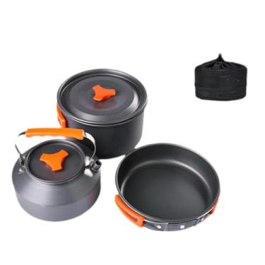 Imagem de oshhni 3 pçs conjunto de cozinha de acampamento, kit de bagunça de panelas de acampamento, liga de alumínio frigideira bule chaleira para churrasco ao ar, Laranja