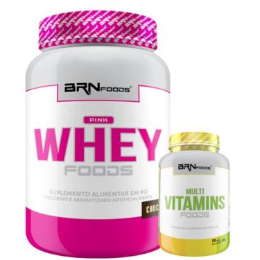 Imagem de Kit Pink Whey c/Colágeno 2kg + Multivitamins Foods 90 Cáps - BRN Foods (Médio, Chocolate)