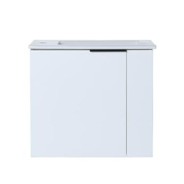 Imagem de SPOFLYINN Vaidade de banheiro de 56 cm com pia para banheiro pequeno, armário de armazenamento flutuante com porta fechada macia para banheiro branco