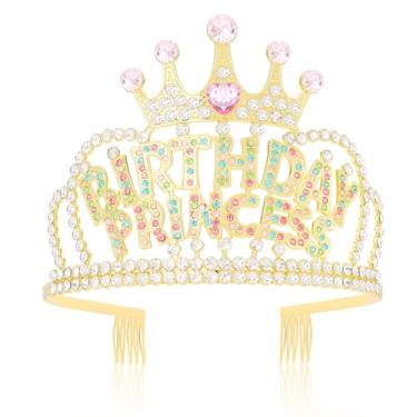 Imagem de Wecoe Tiara de aniversário de princesa com pentes, tiara de strass multicolorida, decorações de lembrancinhas de festa de aniversário 16, 18, 21, 25 anos, presentes para ela