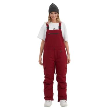 Imagem de BUMDEEP Babadores de neve femininos e masculinos macacões ajustáveis calças à prova de vento à prova d'água calças de esqui térmicas térmicas vermelho vinho
