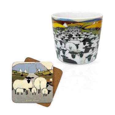 Imagem de Thomas Joseph Caneca de café 325 ml New Bone China Cup Set com porta-copos de cortiça design de ovelha presente (325 ml, hora do rush)