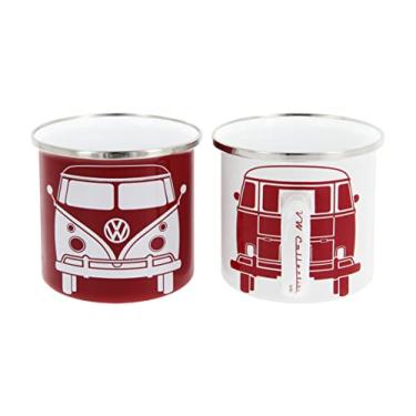 Imagem de BRISA Coleção VW - Conjunto de canecas de café e chá esmaltadas Volkswagen de 2 peças para acampamento e ônibus T1 ao ar livre (branco/vermelho)