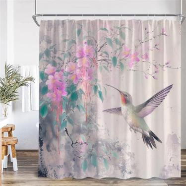 Imagem de Cortina de chuveiro de flores roxas, plantas verdes, decoração floral para banheiro, cortina de banho de tecido de poliéster com ganchos, 8651AF, 180 x 220 cm, 70 x 86 pol.