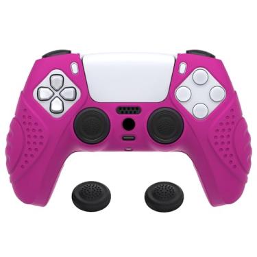 Imagem de eXtremeRate Capa protetora de silicone PlayVital Guardian Edition neon roxa ergonômica macia antiderrapante para ps5, películas protetoras de borracha com tampas de joystick para controle ps5