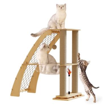 Imagem de Torre de árvore de madeira para gatos internos com postes para arranhar, condomínio para gatos, rede e teia de escalada, brinquedo com bolas giratórias, postes de sisal para arranhar 39,9 cm (grande)