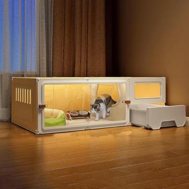 Imagem de Gaiolas para gatos respiráveis para uso interno feitas de resina + PP, casas para gatos internos com caixa de areia para gatos fechada, 6 tamanhos, 2 cores, amarelo + branco, 105 x 45 x 35 cm