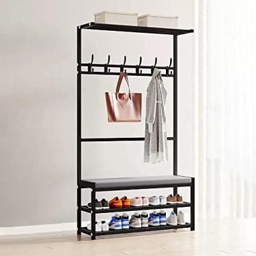 Imagem de Cabide com banco de sapatos, árvore de entrada 3 em 1 com banco de armazenamento e cabideiros, organizador de prateleira de armazenamento com 6 ganchos, móveis de destaque com moldura de metal