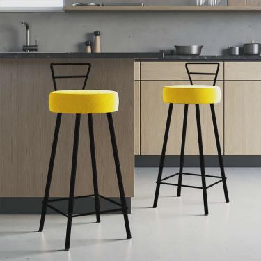 Imagem de Kit 02 Banqueta Alta Com Encosto Tina Eiffel Cozinha Bar Bistrô Ferro Preto Corino Amarelo - Ahazzo Móveis