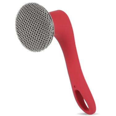 Imagem de Taspooke Esfregão de malha soldada de anel fino com alça de silicone, limpador de ferro fundido de aço inoxidável 316L, escova sem cerdas para panelas, frigideiras, grelhas e woks – cabo longo de 17,5