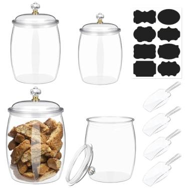 Imagem de 4 potes de doces e biscoitos com tampas, 4 colheres, potes de plástico decorativos de boticário, recipientes de buffet de doces, lata transparente, recipiente hermético de armazenamento de alimentos