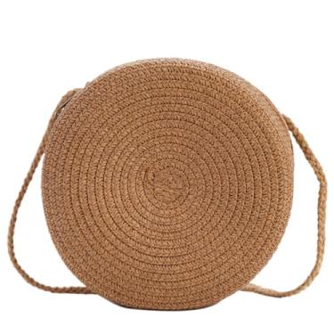 Imagem de Bolsa feminina de palha redonda de 16,5 cm, bolsa de tecido casual de ombro único, com zíper, cor sólida, bolsa portátil para férias na praia, viagem, cáqui