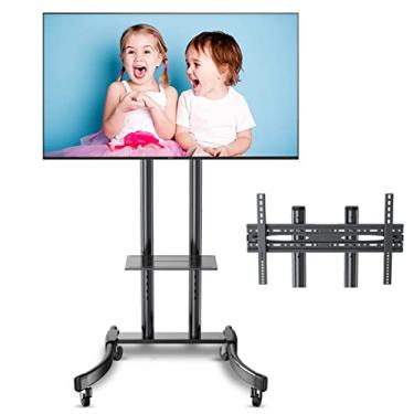 Imagem de Carrinho de TV móvel Suporte de TV alto universal para telas planas curvas de 81 a 165 cm, suporte de TV ajustável com inclinação de altura, carrinho de TV com rodinhas para shopping center