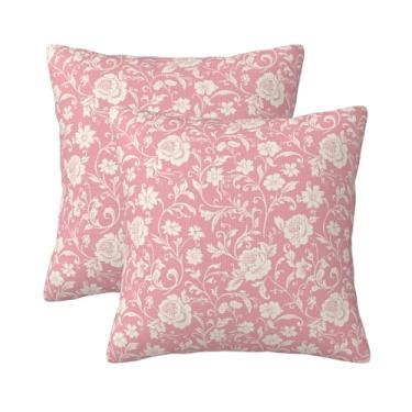 Imagem de KiuLoam Conjunto de 2 capas de almofada florais rosa 45,7 x 45,7 cm com estampa de blocos de flores vintage para sofás, capas de almofada de casa de fazenda, decoração elegante