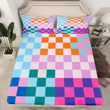 Imagem de Lençol Queen com elástico colorido, arte abstrata, geométrico, quadriculado, lençol com elástico alto, com 2 fronhas, azul, rosa, roxo, laranja, lençol de cima (sem lençol de cima)