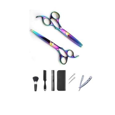 Imagem de Kit Cortar Cabelo Tesouras Profissionais Aço Inox Furta-Cor com Estojo – Tesoura Reta e Dentada, Navalha, Pentes, Escova e Acessórios para Salão ou Uso Doméstico (Furta-Cor)