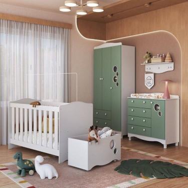 Imagem de Conjunto Quarto de Bebê com Berço, Cômoda, Guarda-roupa, Prateleira e Baú de Brinquedos Branco/Verde