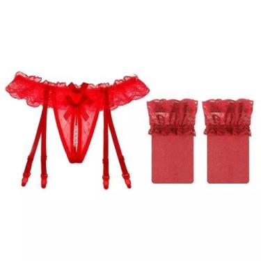 Imagem de Conjunto Cinta Liga de Renda Meias Sensuais ElaShopp, Vermelho