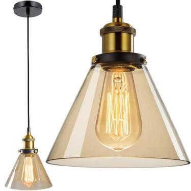 Imagem de Lustre Pendente Chapéu 23cm Vidro Âmbar Luminária Teto Retrô Industria