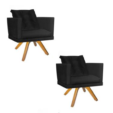 Imagem de Kit 02 Poltrona Cadeira Kim Luxo Confort Giratória Madeira Com Almofada Solta Suede Preto
